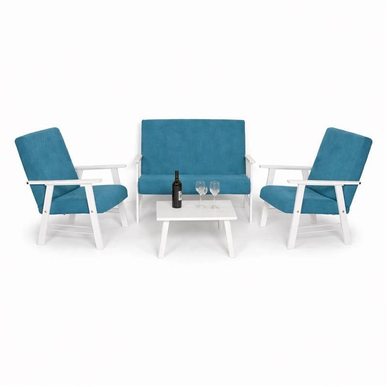SET SALOTTO DA GIARDINO CON DIVANO, 2 POLTRONE + TAVOLINO IN LEGNO BIANCO E TESSUTO COLORE PETROLIO