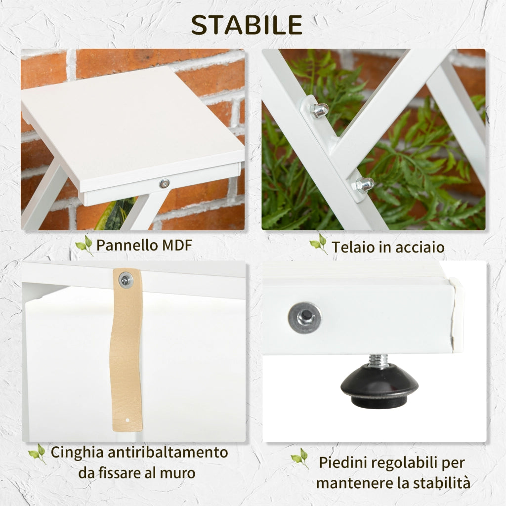 Easycomfort Scaletta Portavasi a 4 Livelli per Interni ed Esterni in MDF e Acciaio, 50.5x24x81 cm, Bianco