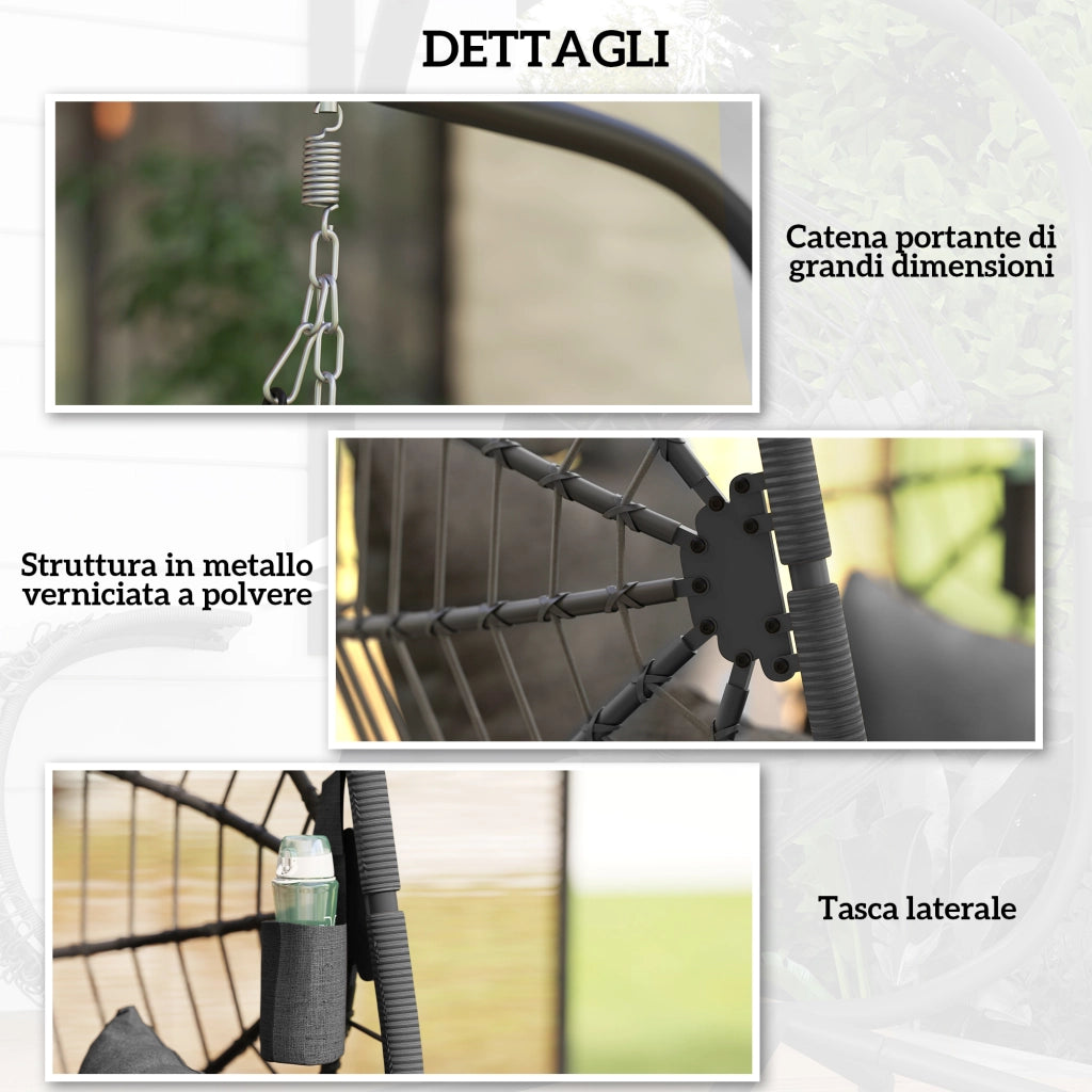 Poltrona Sospesa a Uovo 120x106x188 cm con Cuscino Imbottito e Cesto Pieghevole Grigio