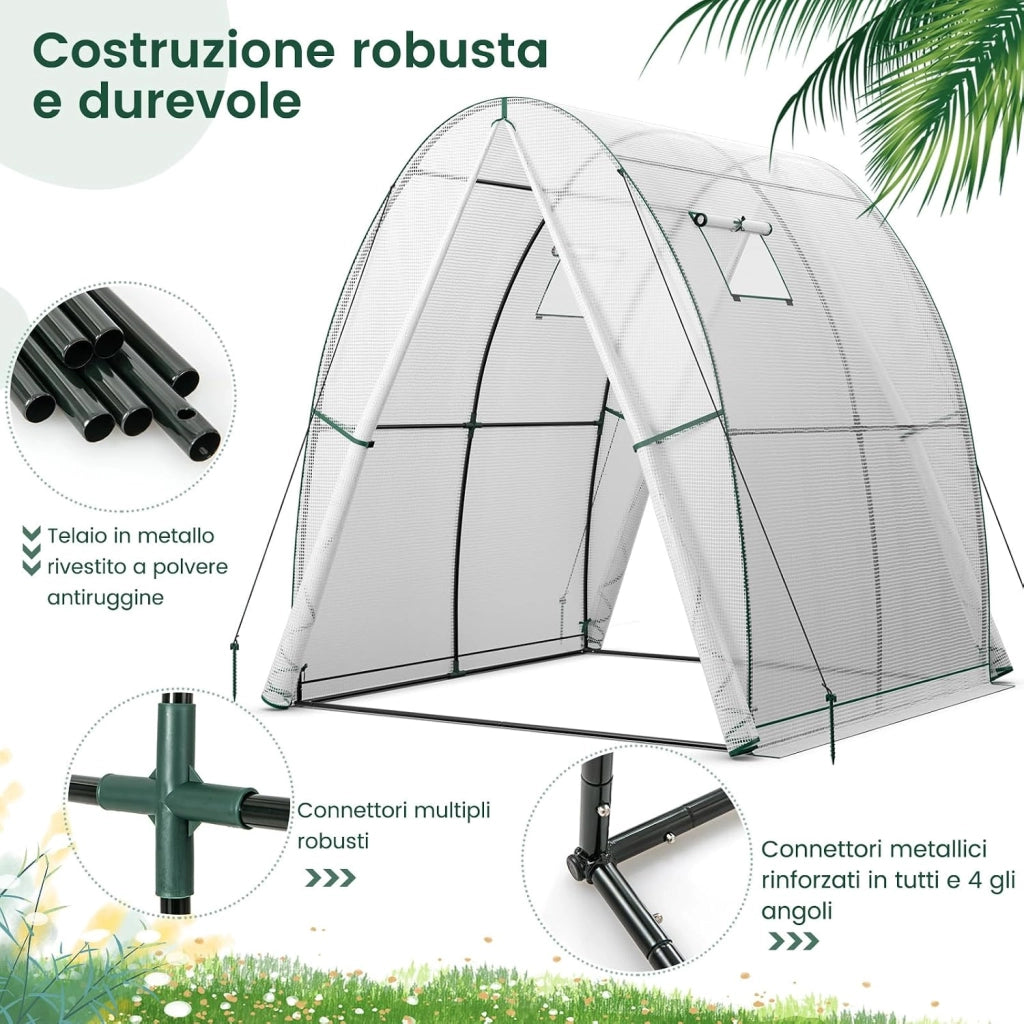 Serra da Giardino 181 x 181 x 200 CM, Serra a Tunnel da Esterno con 2 Porte con Zip, 2 Finestre, Copertura in PE Impermeabile e Tasche Laterali, Serra Invernale per Giardino (Bianco)