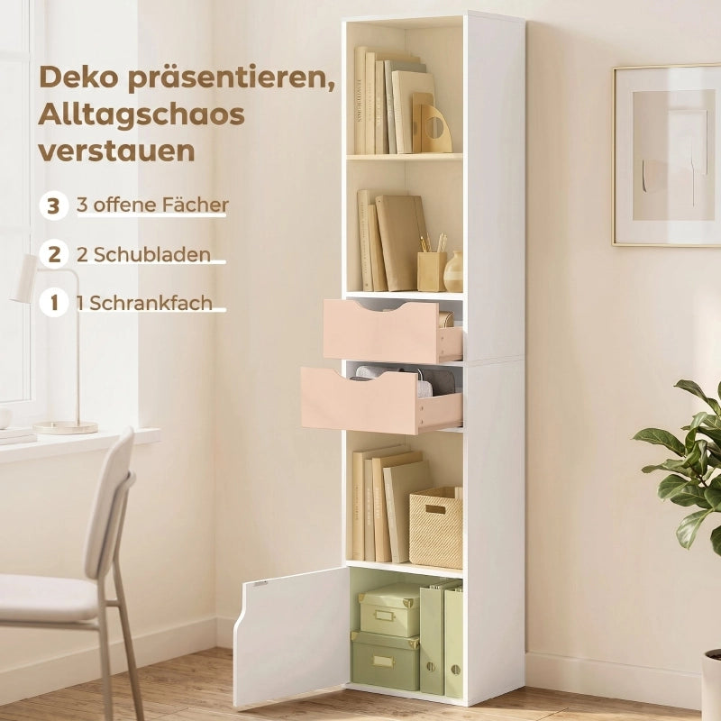 Libreria con 2 cassetti, libreria stretta con 3 ripiani a giorno, per ufficio, camera da letto, 30x24x158 cm, bianca