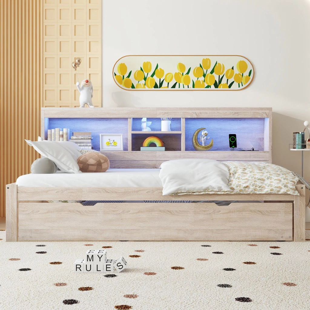 OKWISH Letto a Divano 90×200 cm, Letto Singolo con LED Regolabile, Presa e USB, Letto Estraibile 90×190 cm, senza Materasso, Naturale
