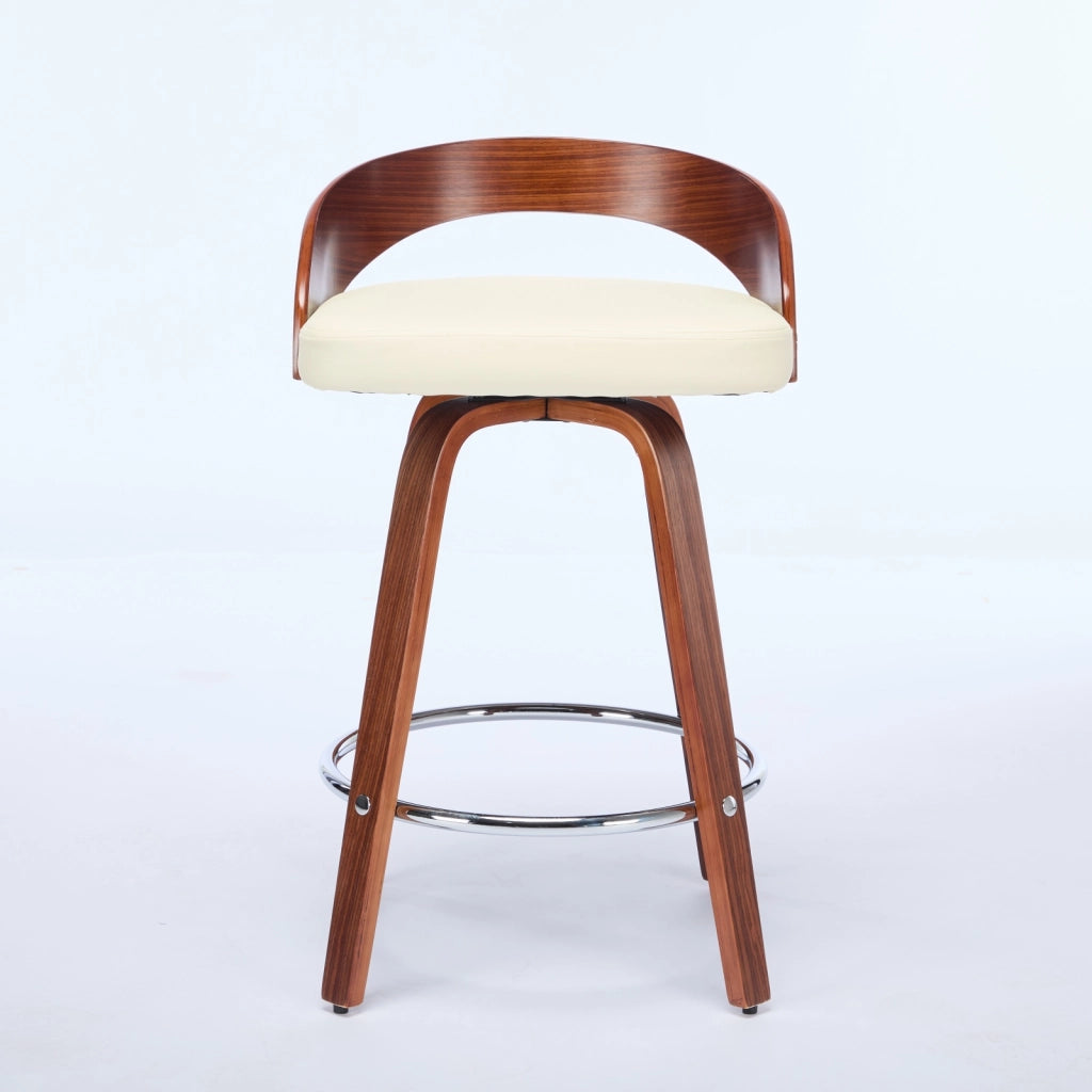 Set di 2 Sgabelli da Bar Girevoli con Schienale Basso e Seduta Imbottita; Stile Vintage; Pelle sintetica e Legno; Beige
