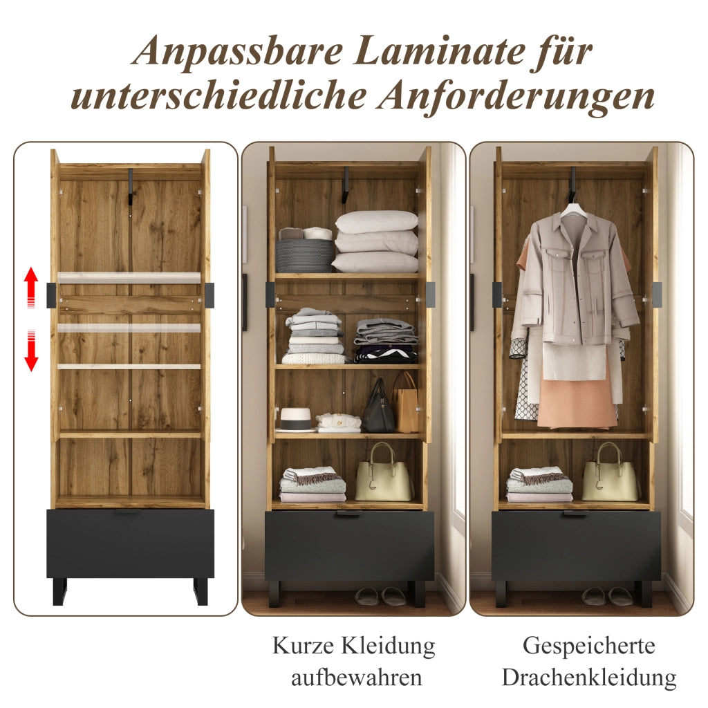 Armadio con asta appendiabiti, 1 cassetto e 3 ripiani, per ingresso, in truciolare, nero, 180 × 38 × 65 cm
