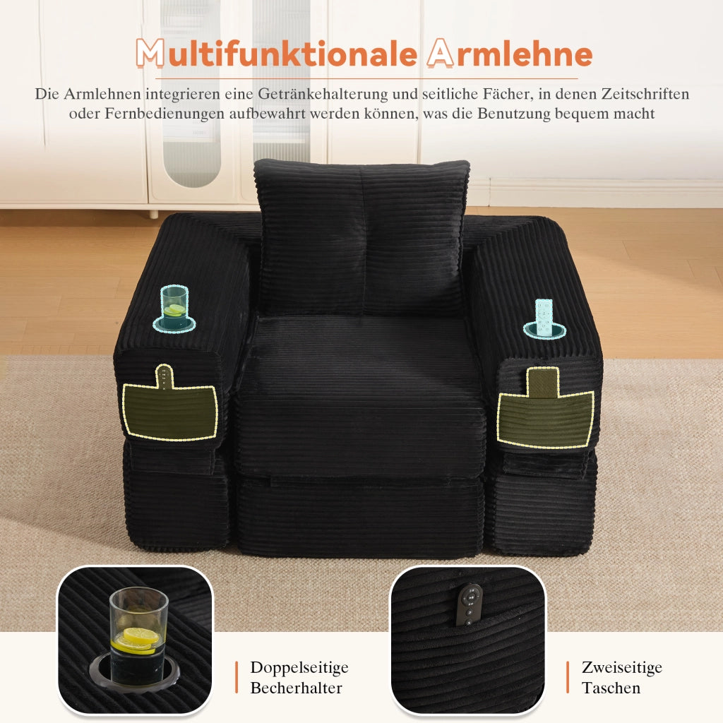 Divano convertibile in velluto a coste con molle, cuscini in memory foam, tasche laterali e portabicchieri nero