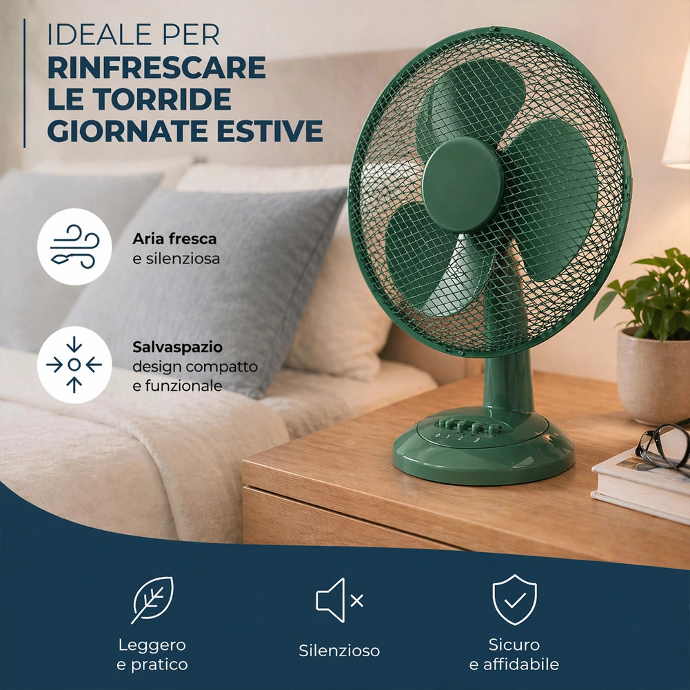 Ventilatore da Tavolo Diametro 30cm Potenza 35W Verde 3 Velocità Silenzioso