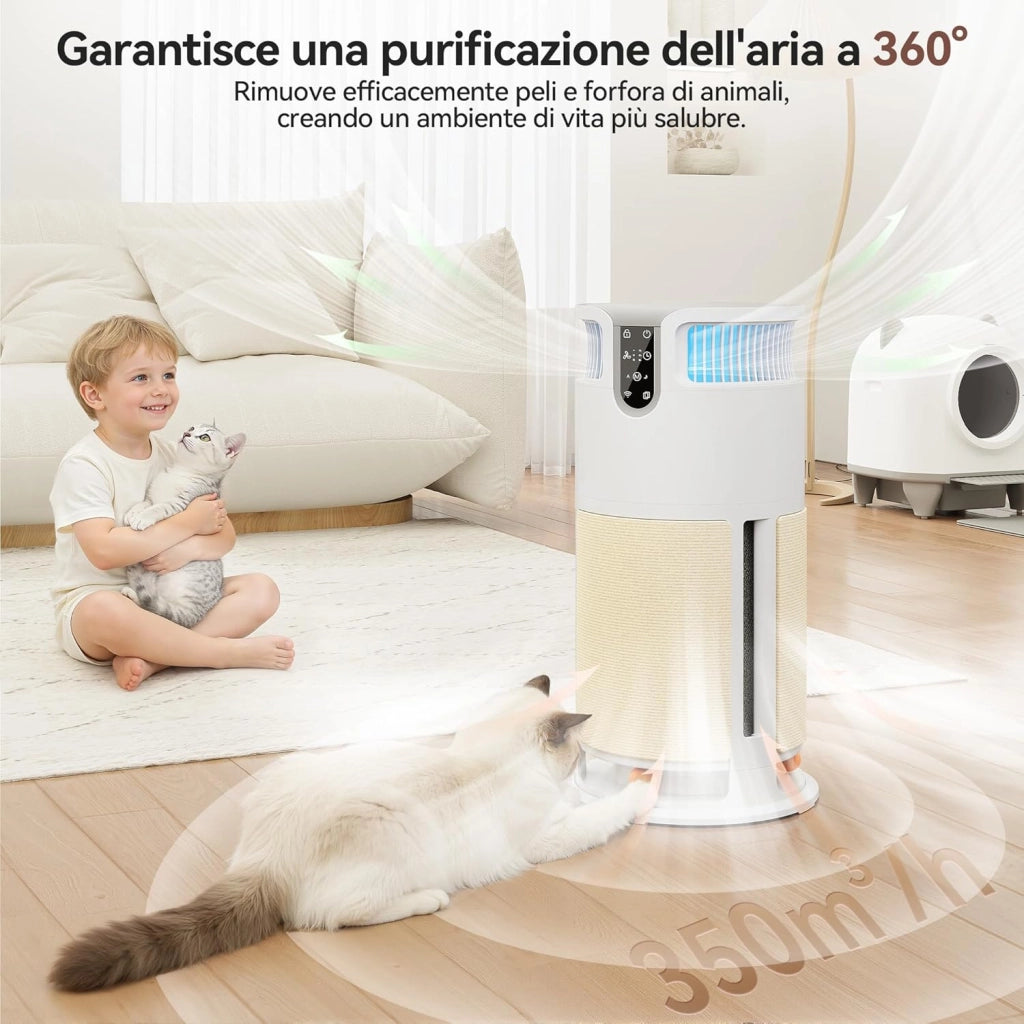 Purificatore d'Aria Intelligente per Pet, Depuratore Aria con Controllo APP Remoto, Trattiene il 99,98% di Muffe, Polvere, Polline e Peli. Completo di Tiragraffi e Giochi, Ideale per Chi Ha Animali