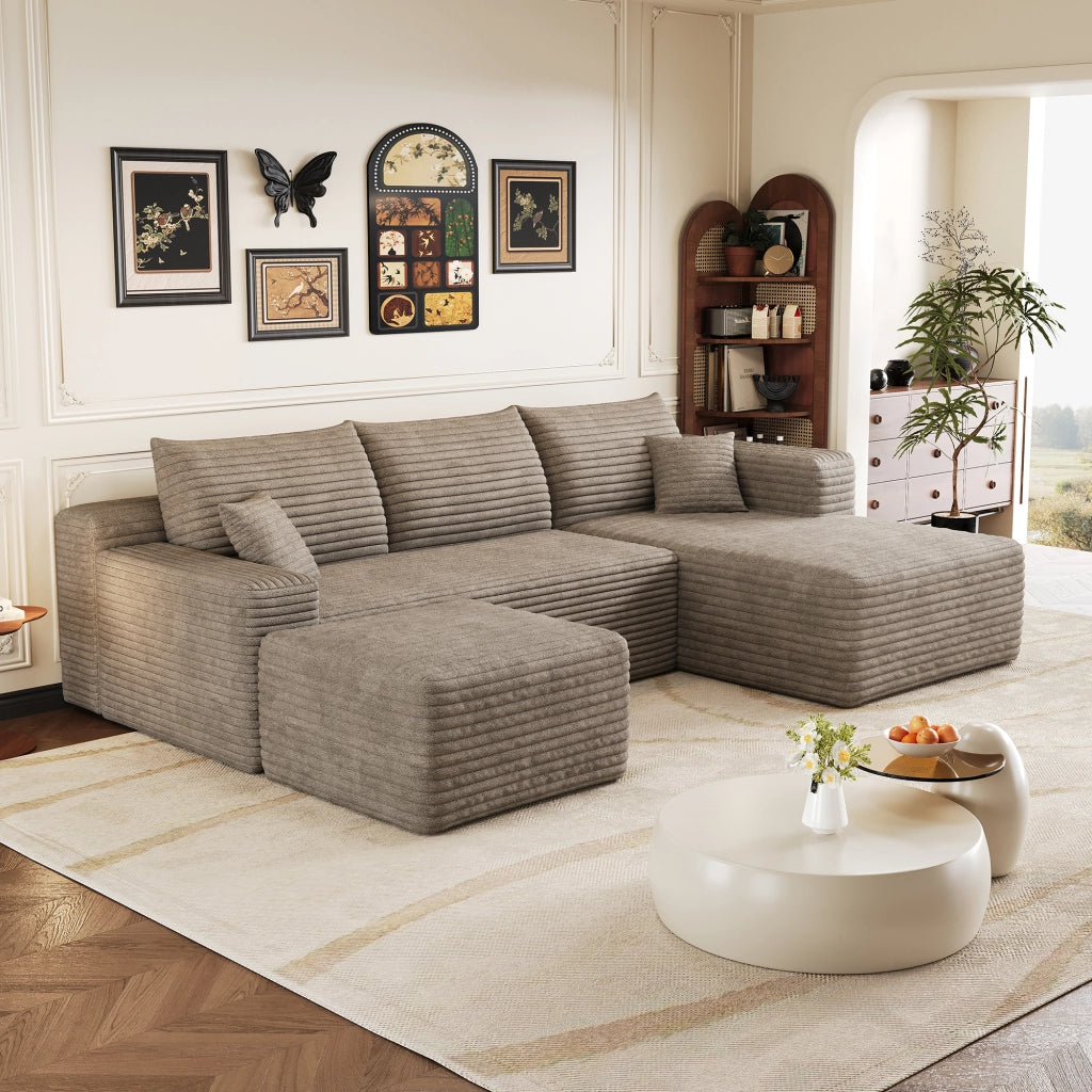 Divano ad angolo in tessuto con schiuma ad alta elasticità e montaggio facile, stile moderno, per soggiorno, cammello