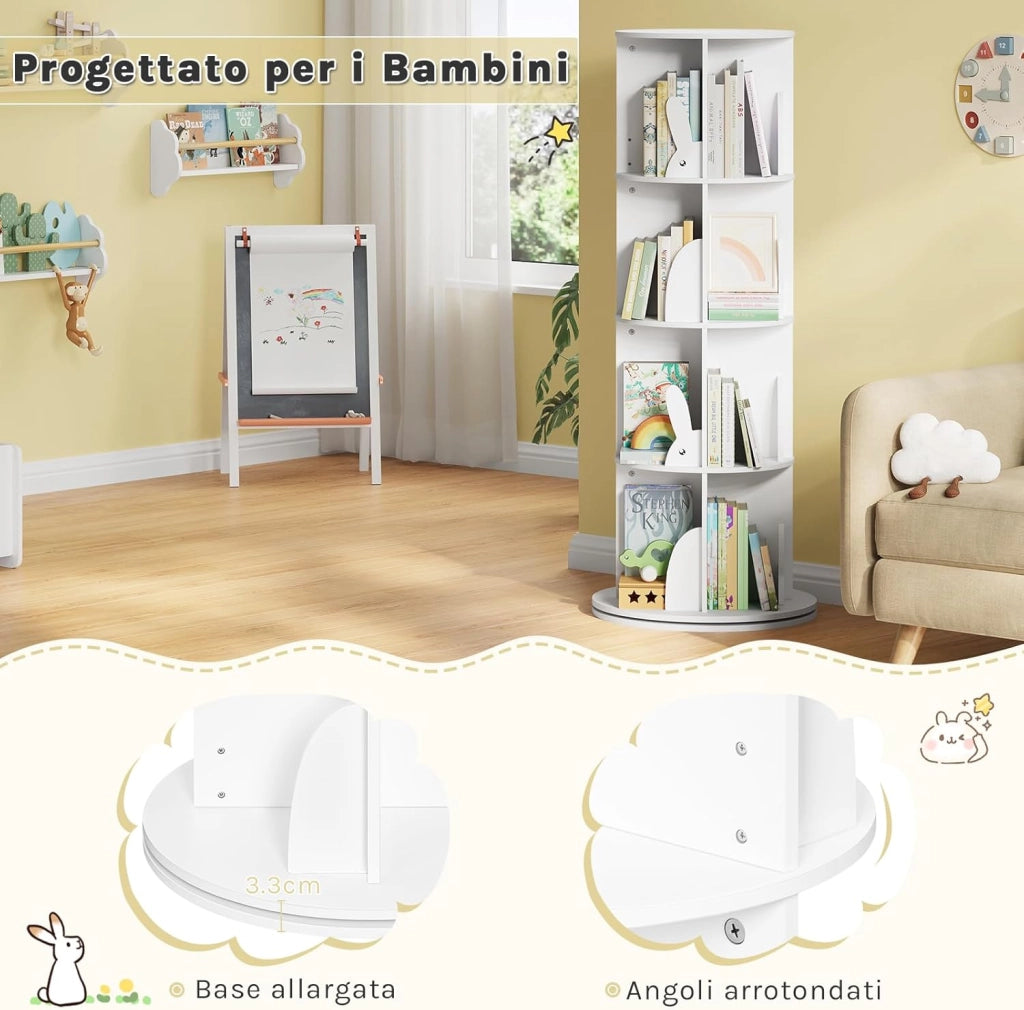 Libreria per Bambini Rotante, Libreria Girevole a 4 Livelli, Porta Libri per Soggiorno, Studio, Ufficio, Scaffale in Legno Autoportante