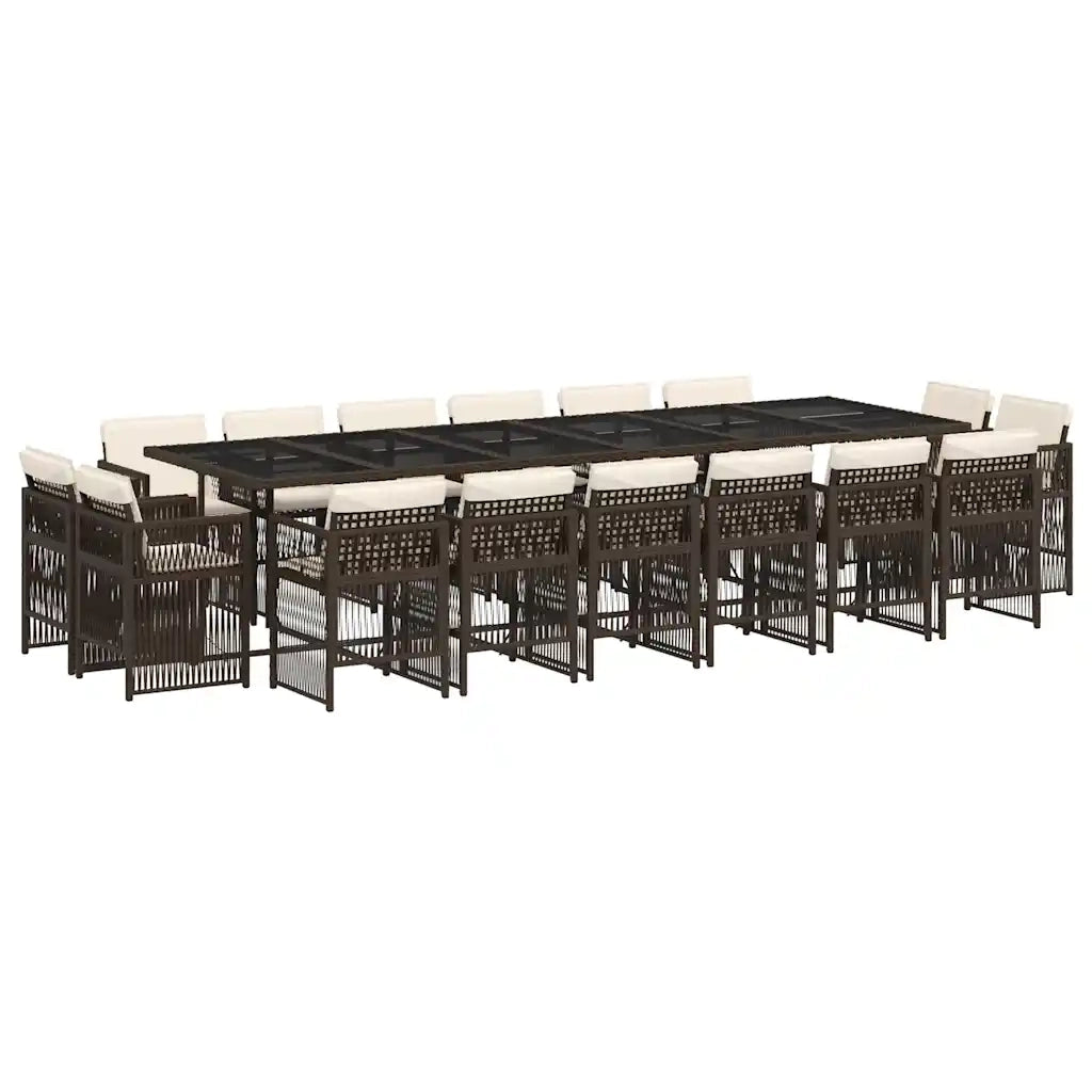 Set da Pranzo da Giardino 17 pz con Cuscini Marrone Polyrattan