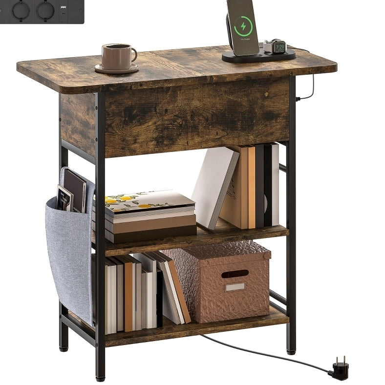 Tavolino con prese AC; USB e USB-C; 2 ripiani e vano con coperchio; 60 x 29;8 x 58;5 cm; marrone rustico