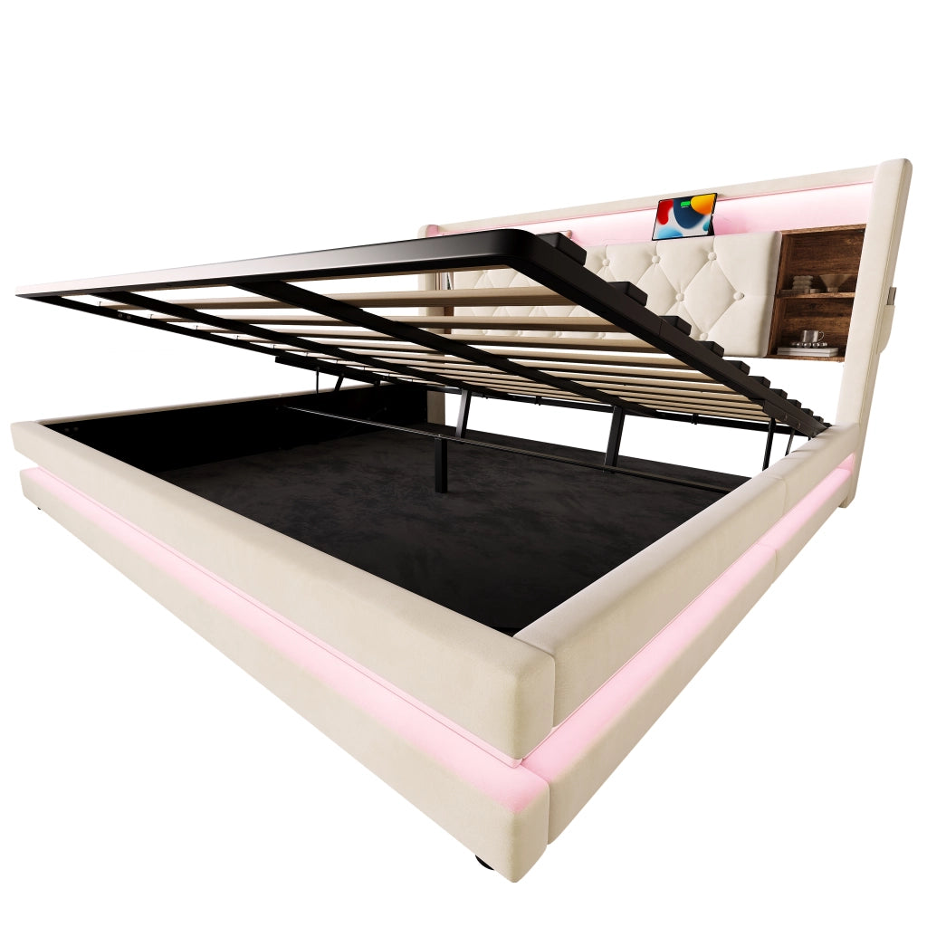 LETTO Contenitore 180x200 cm in velluto Beige con testiera multifunzione