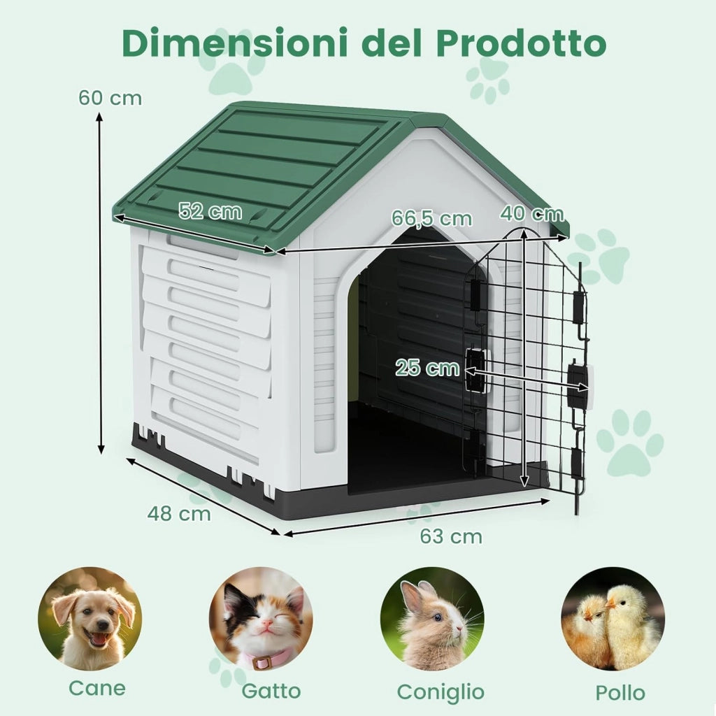 Cuccia per Cani da Esterno ed Interno, Casetta per Cani Impermeabile con Porta in Metallo Bloccabile e Prese d'aria e Tetto Spiovente, Cucce per Cuccioli per Casa, 66,5 x 52 x 60 cm (Verde)