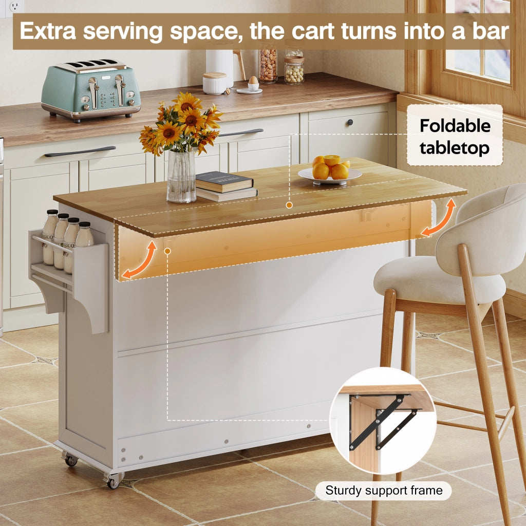 Carrello da Cucina con 4 Ante 3 Cassetti Piano Ribaltabile Portasciugamani e 5 Ruote con Freno; MDF; Bianco Naturale