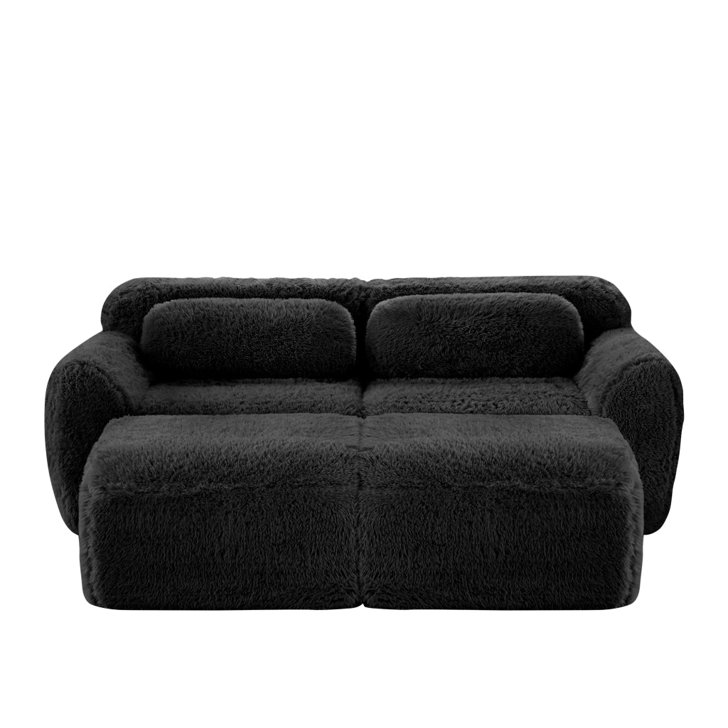 OKWISH Divano Modulare 2 Posti con 2 Pouf, senza Montaggio, Seduta Ampia e Base Antiscivolo, Peluche Nero