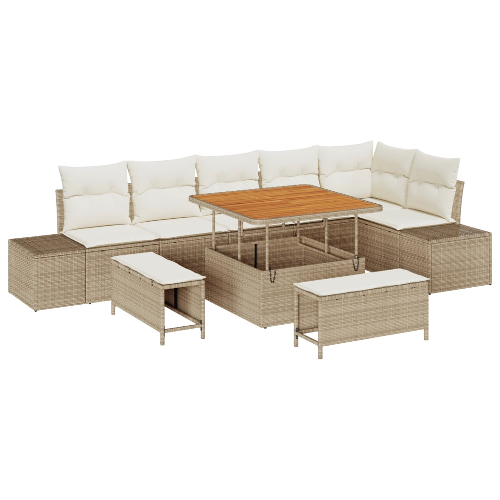 Set Divano da Giardino 9 Pezzi con Cuscini in Polyrattan Beige Acacia
