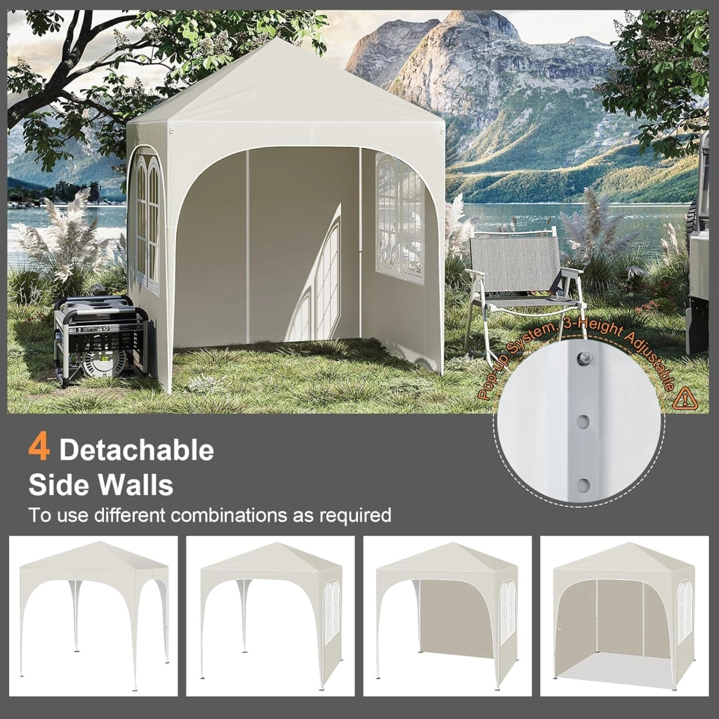 Gazebo da Giardino Richiudibile 2x2m con Pannelli Laterali,Gazebo da Esterno in Ferro Regolabile in Altezza Tendone con Soffitto Semicircolare Pieghevole,Set di 4 Sacchi di Sabbia,Beige