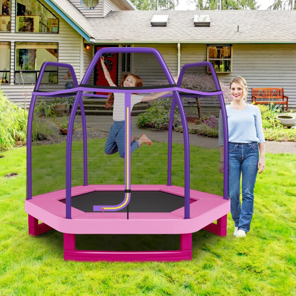 Tappeto elastico 223 cm con rete di sicurezza e cuscinetto a molle, Mini tappeto elastico per bambini Viola-Trampolini