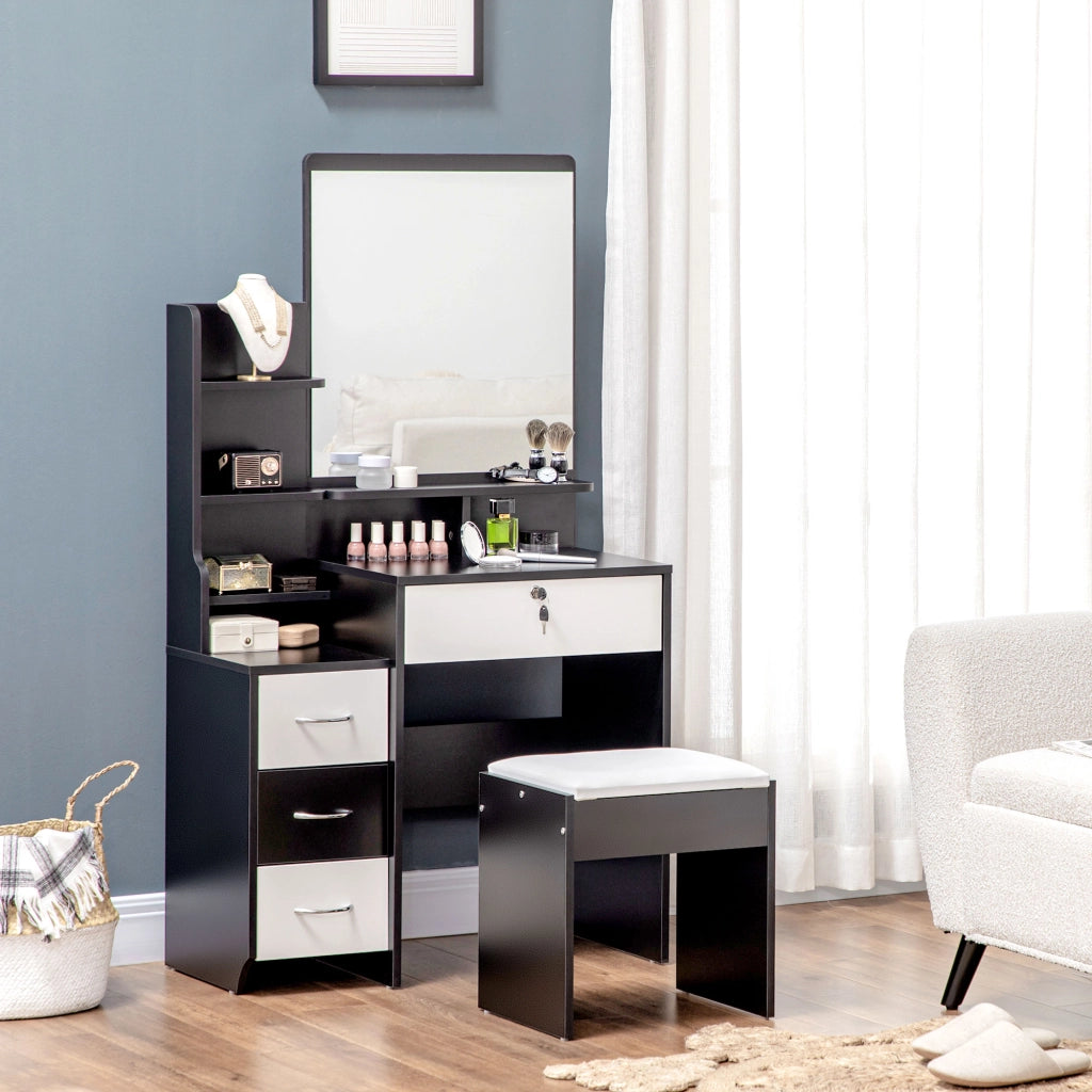 Scrivania da trucco con specchio e cassetti ¨C Zephmum ¨C Bianco e nero 90x50x75