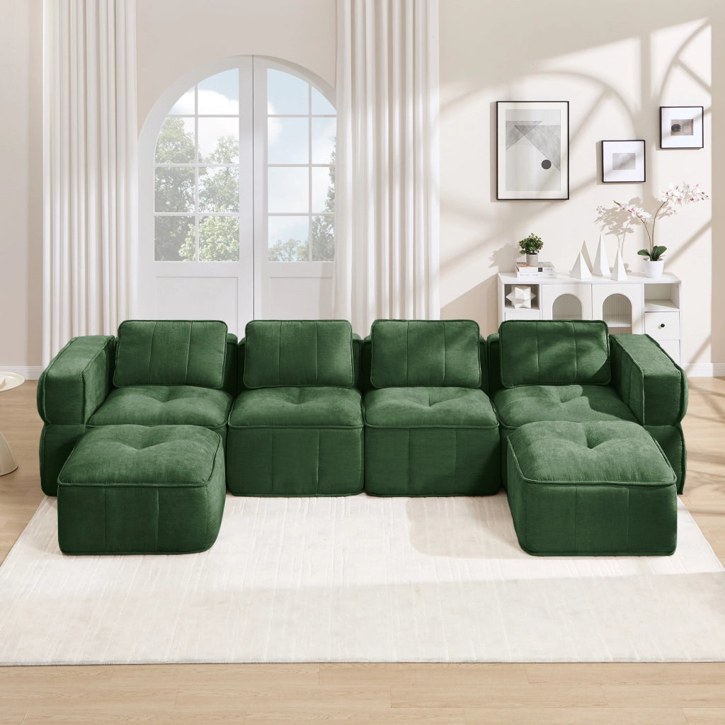 Divano modulare a U 4 posti - senza struttura con 2 pouf e seduta profonda - in poliestere verde
