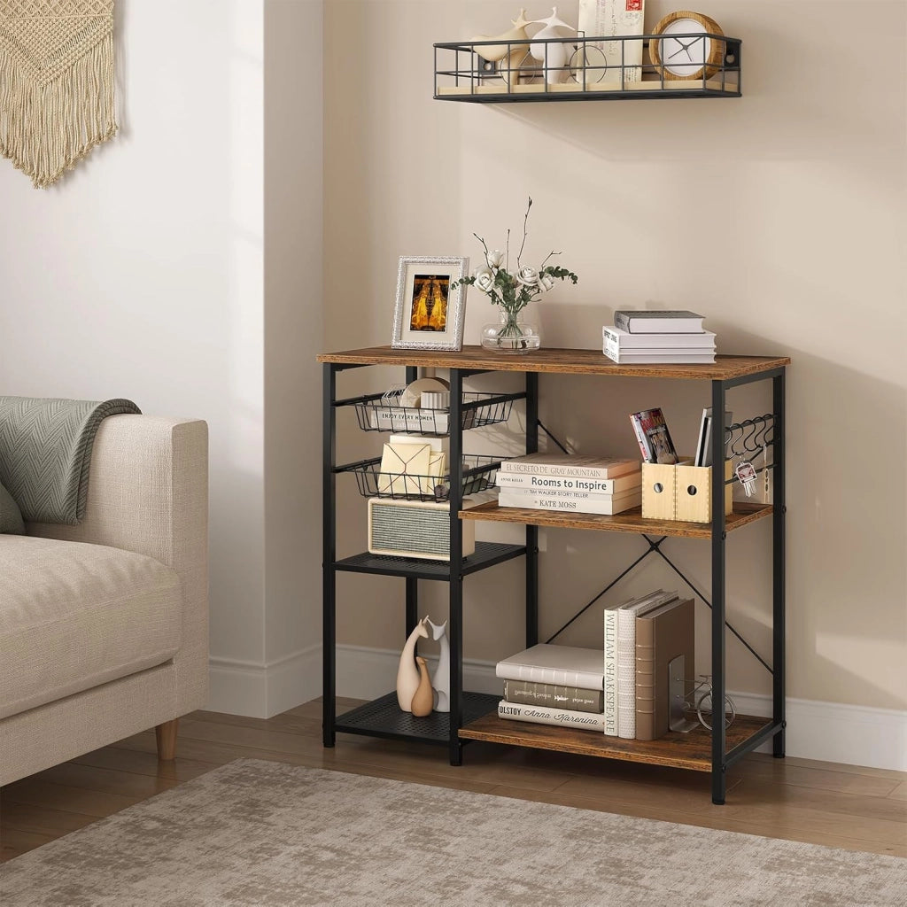 Scaffale da Cucina con 2 Cestelli Estraibili, Supporto per Microonde con 2 Ripiani in Rete Metallica, Scaffalatura Portaoggetti con 5 Ganci, 90x40x82 cm, Marrone Rustico + Nero