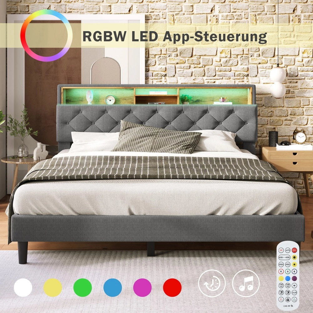 Letto Contenitore Imbottito con LED ¨C MINIMAL ¨C Grigio, 140x200, con materasso