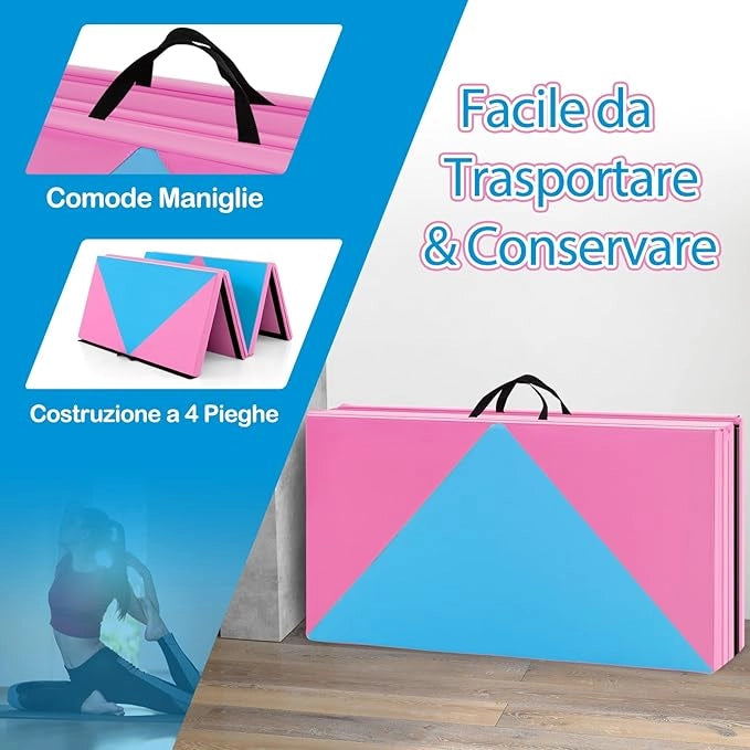 Tappetino Ginnastica Pieghevole 240 CM, Tappetino Fitness con Maniglie e Chiusure a Strappo per Stretching, Yoga, Arti Marziali da Casa e Palestra