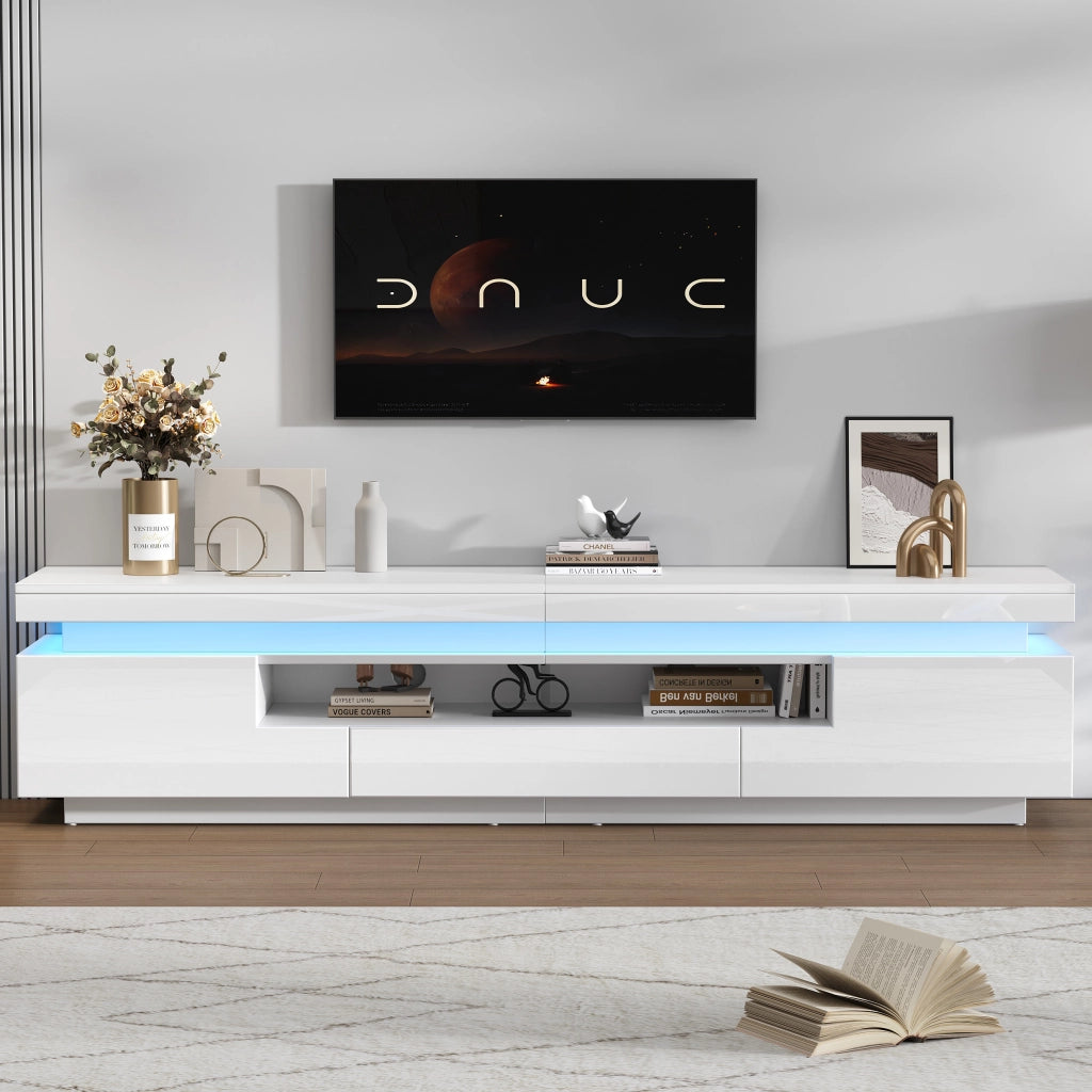 Mobile TV con LED ¨C MINIMAL ¨C Bianco Lucido, 2 Ante, 1 Cassetto, 175x38x45 cm