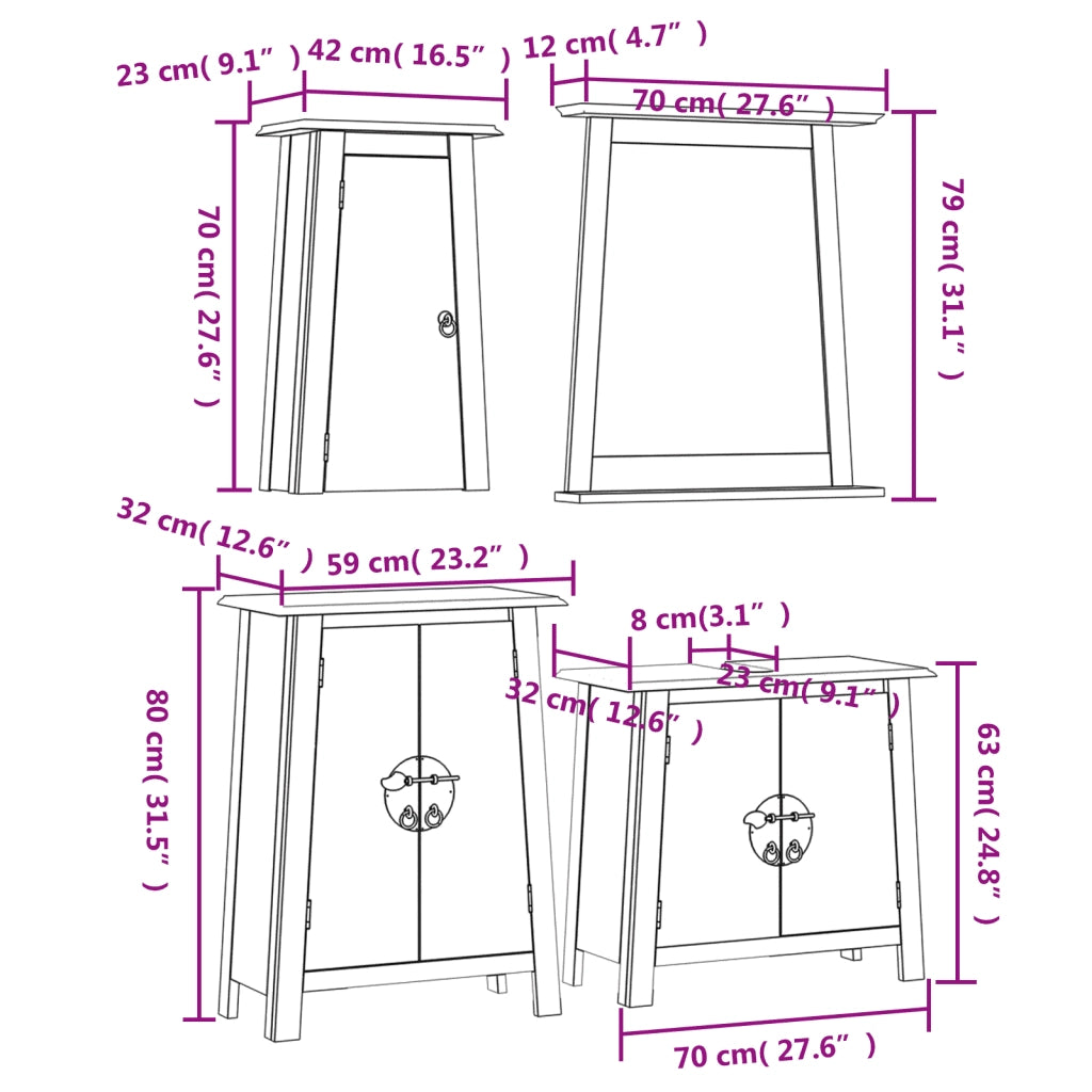 Set Mobili da Bagno 4 pz in Legno Massello di Pino 3223463