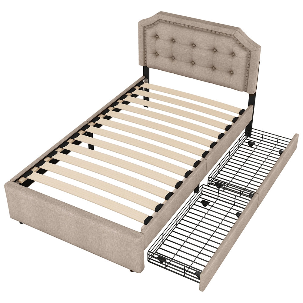Letto singolo imbottito con 2 cassetti - Xylo - 90x200 cm - Beige scuro - Rivetti decorativi