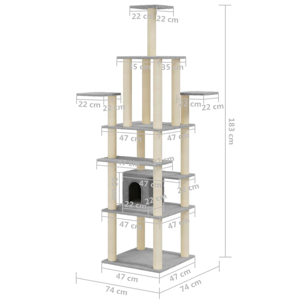 Tiragraffi per gatti torre per arrampicata giocattolo piattaforma per arrampicata con tiragraffi in sisal leggero 183 cm grigio 02_0022596