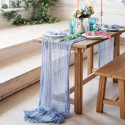 Tavolo da pranzo in stoffa a rete blu, 90 x 400 cm, ampio, lungo, tavolo da pranzo rustico in rete, tessuto semi-trasparente romantico, tovaglia da tavolo per cerimonia boho, decorazione per festa di compleanno