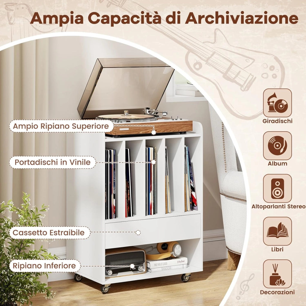 Mobile Porta Vinili con 4 Ruote Universali, Porta Dischi Vinile con Cassetto, Scomparto Aperto e Gancio Rimovibile, Mobile Giradischi Salvaspazio per Studio, Ufficio e Soggiorno (Bianco)