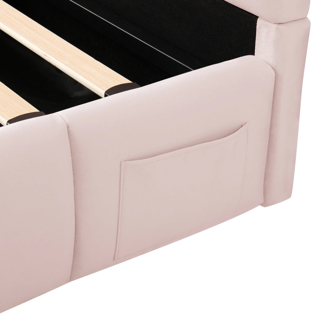 Letto per bambini singolo 90 × 200 cm con contenitore idraulico, USB e porta tipo C, senza materasso, rosa