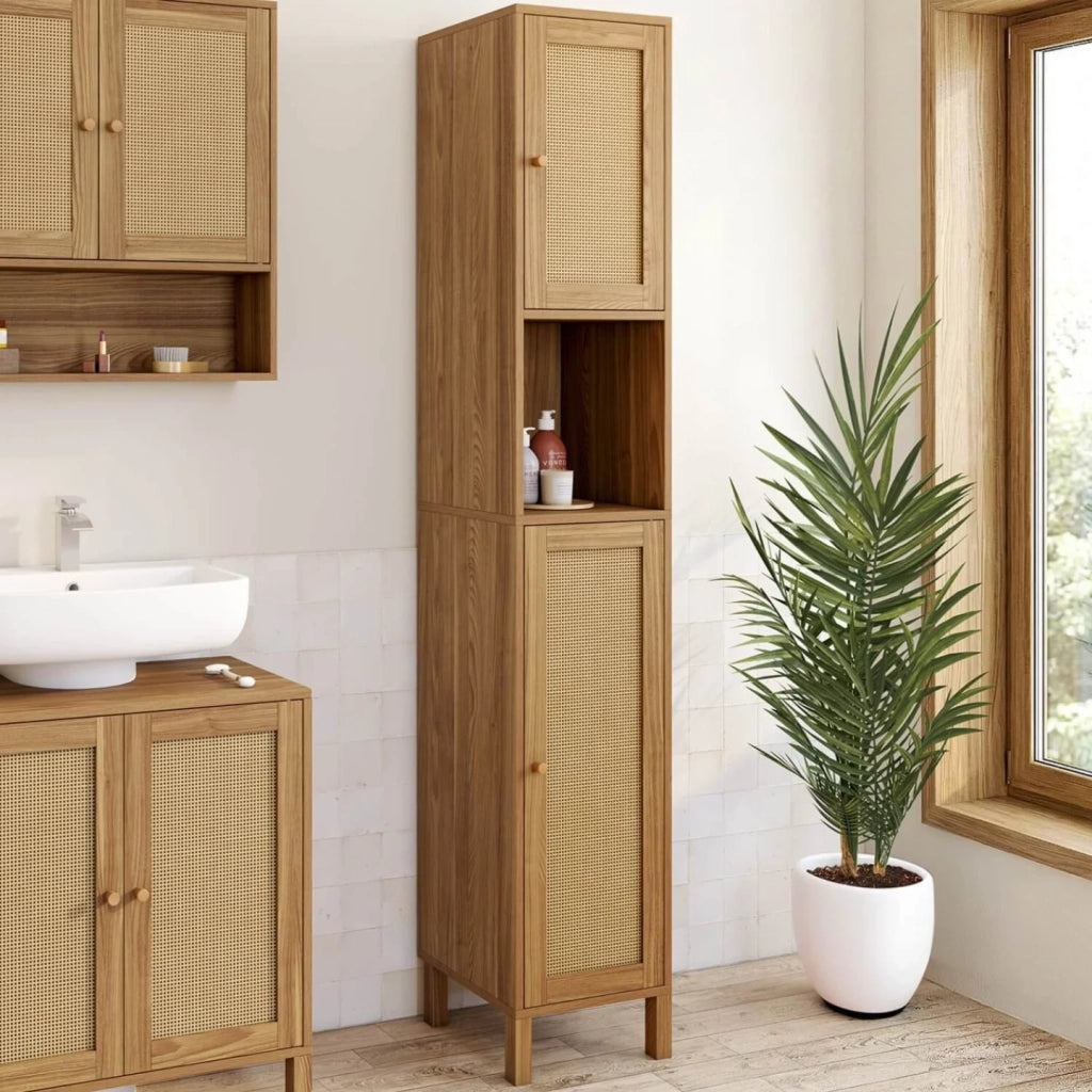 IDMarket - Mobile a colonna da bagno HANAE a 2 ante e 1 nicchia, effetto naturale intrecciato