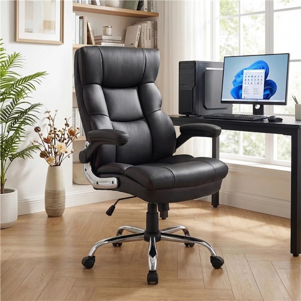 Sedia da Ufficio Girevole e Regolabile in Altezza, Poltrona Scrivania Ergonomica con Braccioli Ribaltabili e Cuscino Imbottito, Funzione di Oscillazione, per Studio e Lavoro, Nero