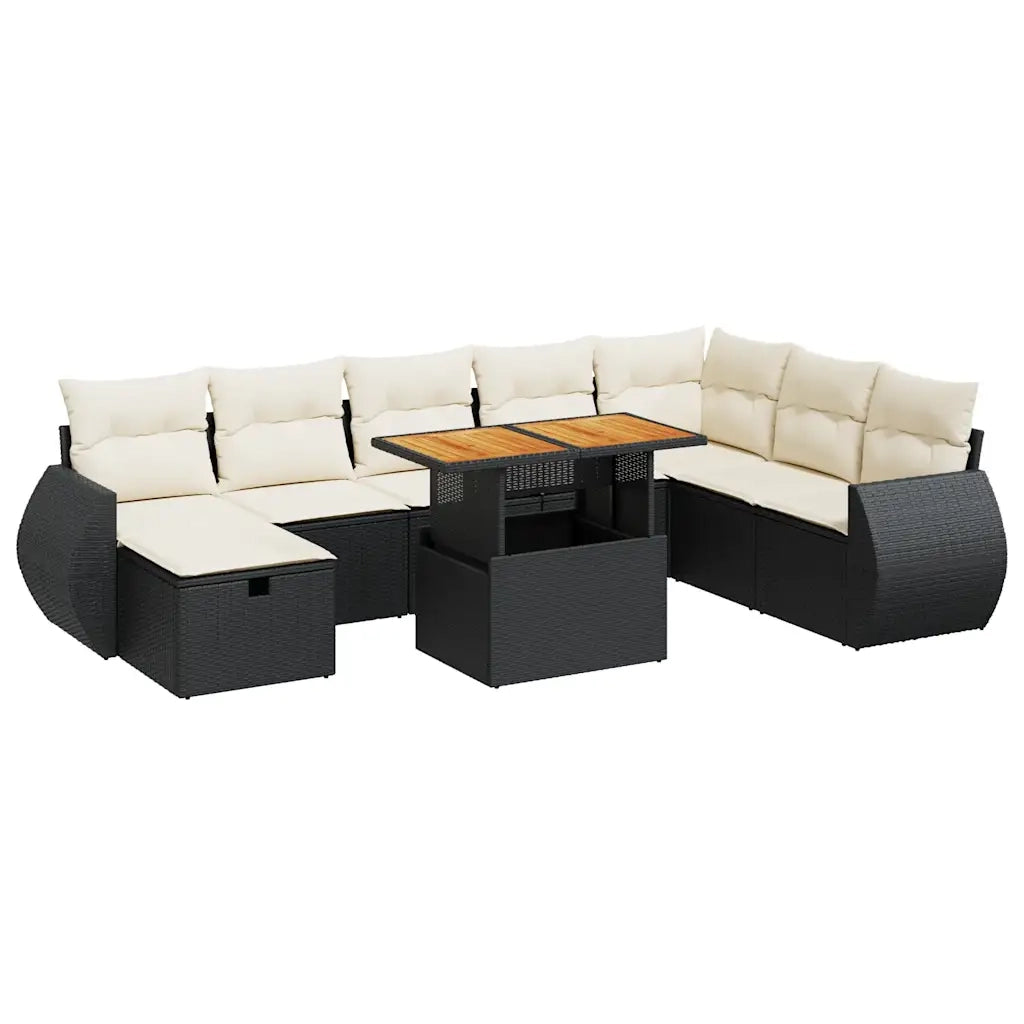 Set Divani da Giardino 9 pz con Cuscini Nero Polyrattan Acacia 3328071