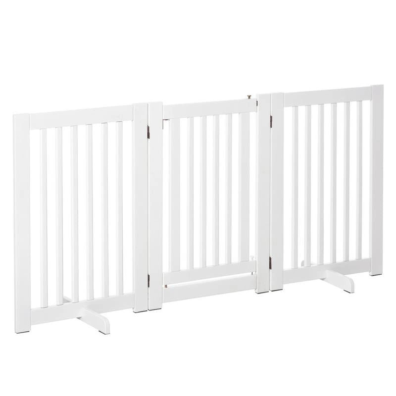 CANCELLINO PER CANI PIEGHEVOLE A 3 PANNELLI, PORTA CENTRALE CON BLOCCO, STRUTTURA IN MDF, 155X76CM BIANCO
