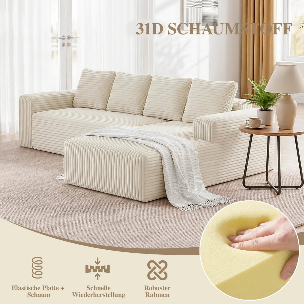 Divano angolare modulare componibile con chaise reversibile e seduta profonda senza montaggio in velluto a coste beige