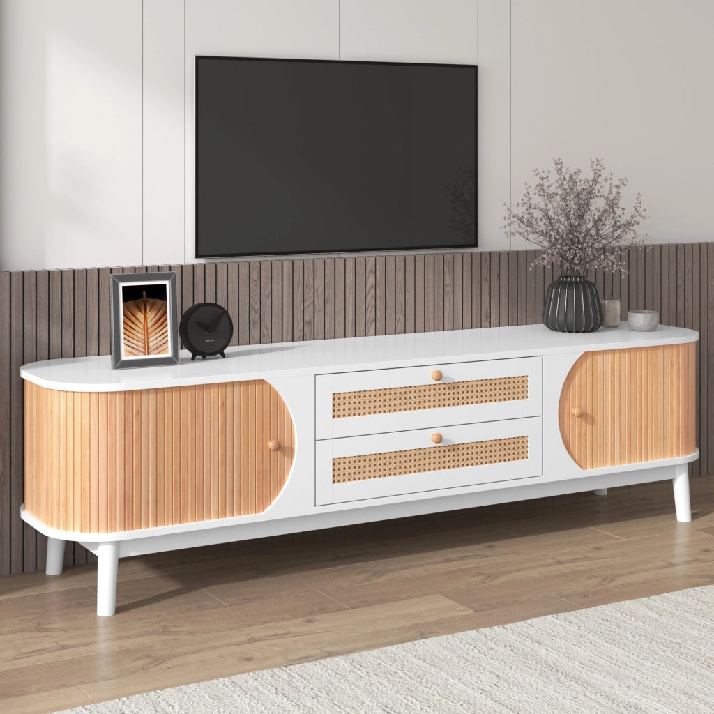 Mobile TV con 2 Ante e 2 Cassetti in Rattan; Stile Naturale; Soggiorno; 170??39;5??46 cm; in MDF; Bianco