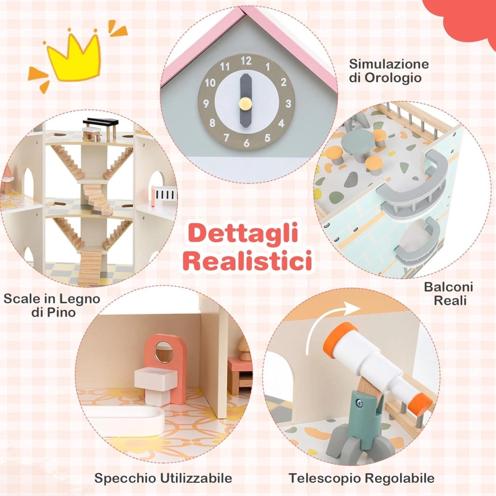Casa delle Bambole in Legno, Casetta delle Bambole a 3 Piani con 41 Mobili e Accessori, Giocattolo per Bambini 3+ Anni,107 x 82,5 x 94,5 cm (Rosa)