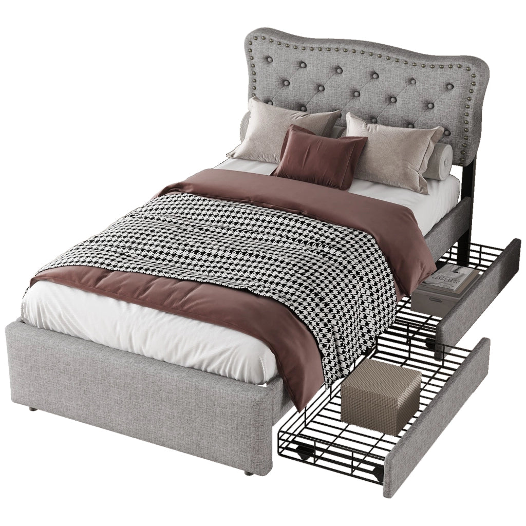 OKWISH Letto Singolo 90×200 cm con 2 Cassetti, Testiera Regolabile e Borchie Decorative, senza Materasso, in MDF e Lino, Grigio
