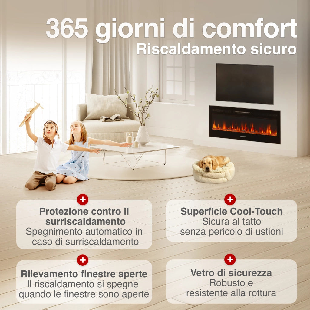 KAMINIO Camino elettrico MARLON - Camino elettrico 3 in 1 con riscaldatore, effetto fiamma 3D, 12 colori di fiamma, telecomando - 42 pollici