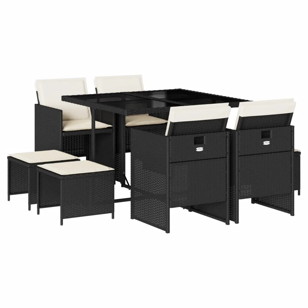 Set da Pranzo da Giardino 9 pz con Cuscini Nero in Polyrattan 3277721