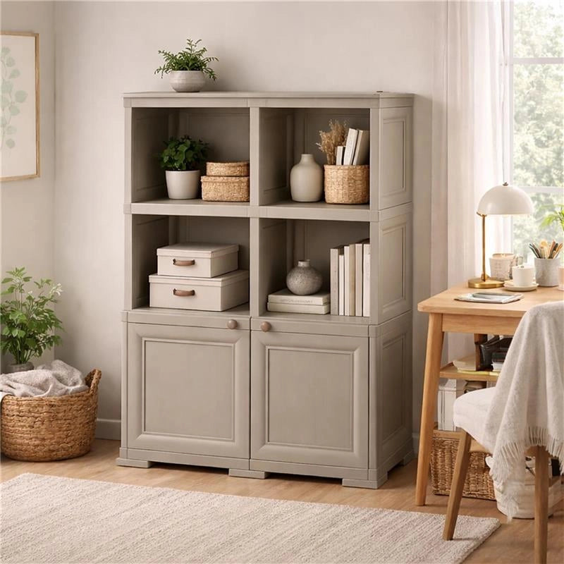 ARMADIO IN PLASTICA EFFETTO LEGNO CON 1 MODULO CHIUSO E 2 SCAFFALI APERTI, MOBILE CONTENITORE DA SALOTTO, BALCONE COPERTO E GIARDINO