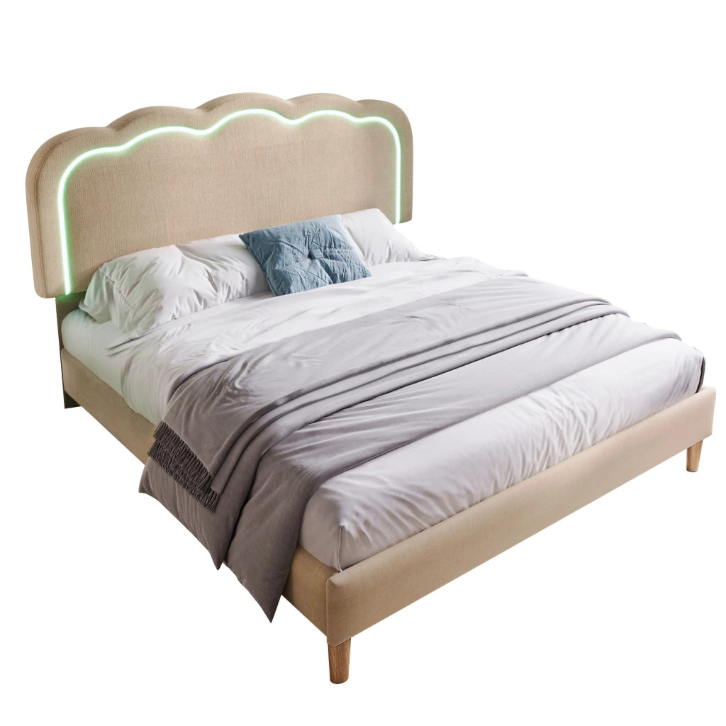 Letto Matrimoniale 140×200 cm con Testiera Regolabile e LED; senza Materasso; in Lino; Beige