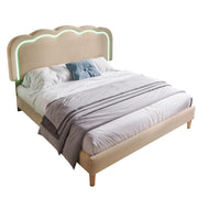 Letto Matrimoniale 140×200 cm con Testiera Regolabile e LED; senza Materasso; in Lino; Beige