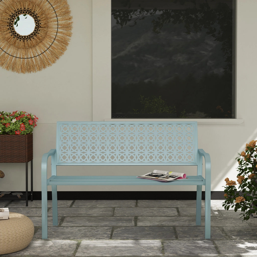 Panca Da Giardino Due Posti Elegante 127 X 63 X 85 Cm Acciaio Blu Per Esterni Resistente