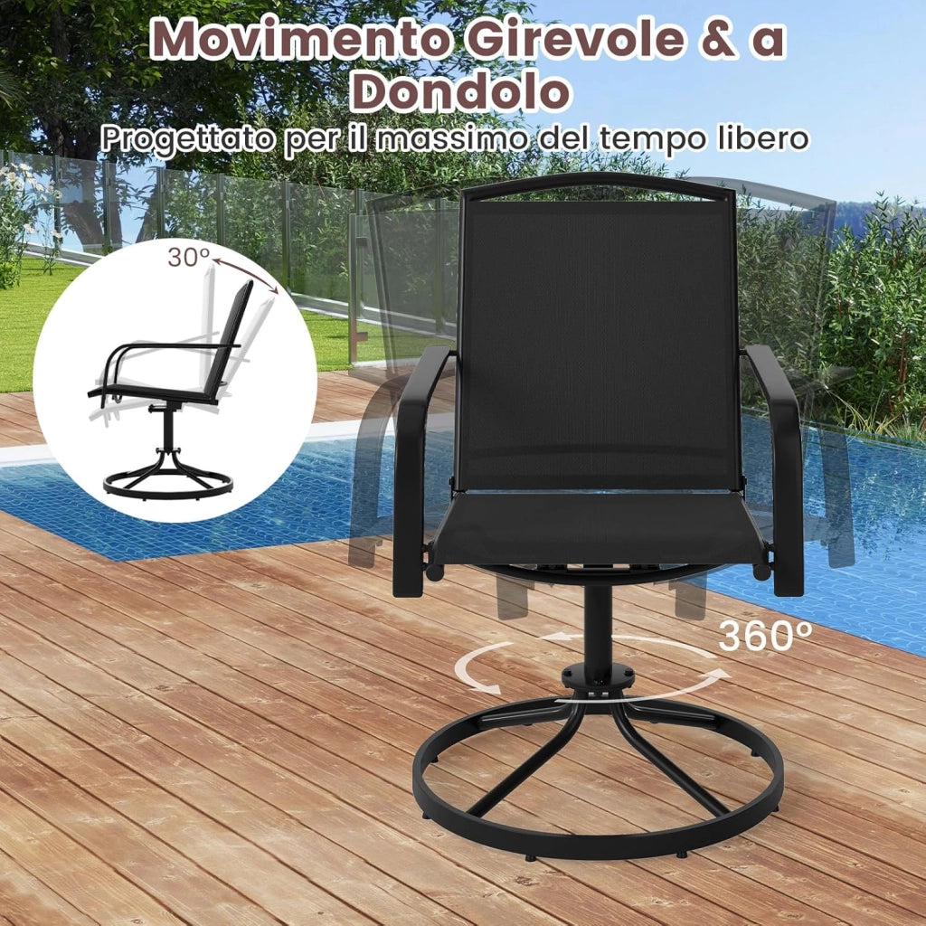 Set di 2 Sedie da Patio Girevoli, Poltrone a Dondolo in Rete a 360° con Schienale Alto e Base Rotonda in Metallo, Sedia a Dondolo Robuste per Giardino Balcone, Portata 150 kg (Nero)