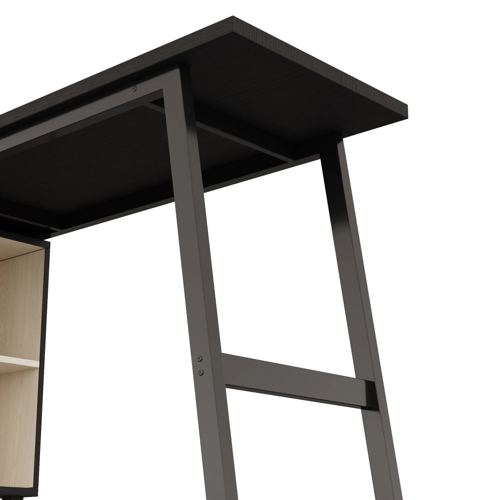 Scrivania angolare con 3 cassetti e 2 vani aperti in MDF e acciaio per ufficio e studio nero bianco 150 × 100 × 76 cm